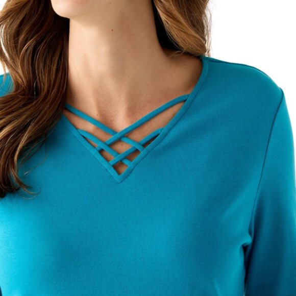 Kim Rogers Women's With Criss-Cross Front Detailed V-Neck Shirt, ¾ Sleeve, Large - Picture 4 of 13